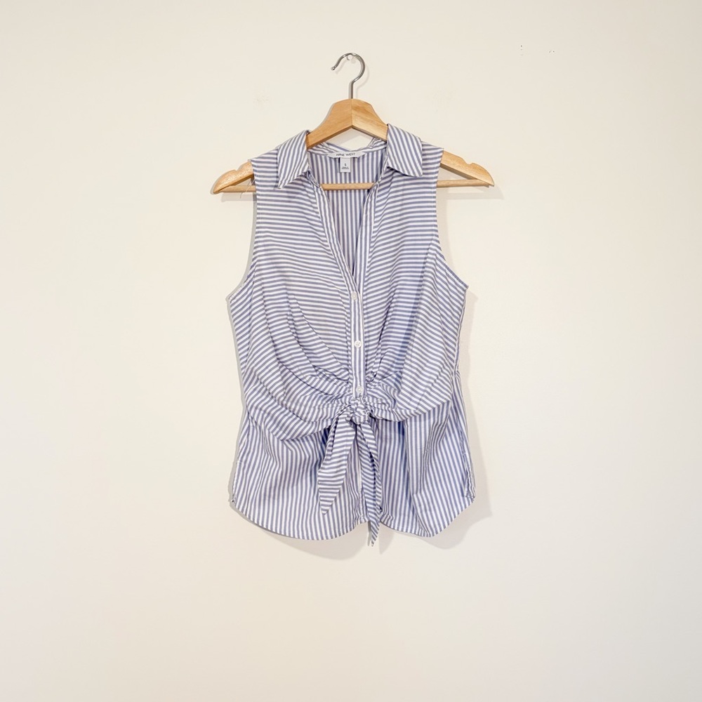 Nine West Sleeveless Tie Front Blue & White Striped Top
